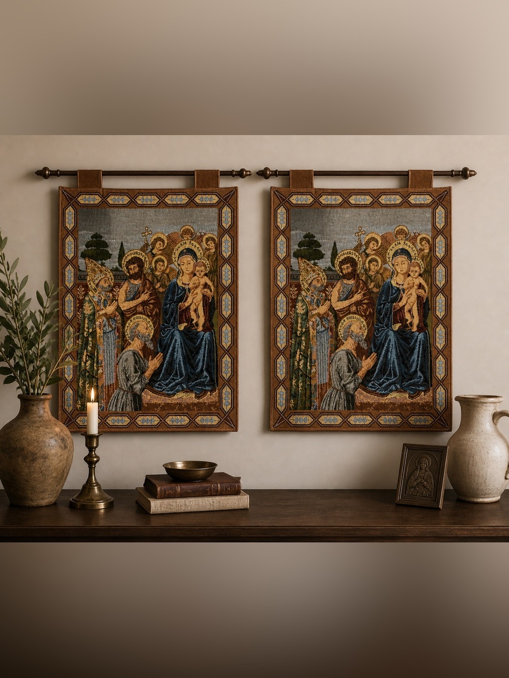 Vintage Madonna & Child Tapestry Set of 2 Catholic Wall Hanging Adoration  14x19